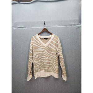Banana Republic Womens V-Neck Zebra Print Sweater M Cotton Blend Beige & White